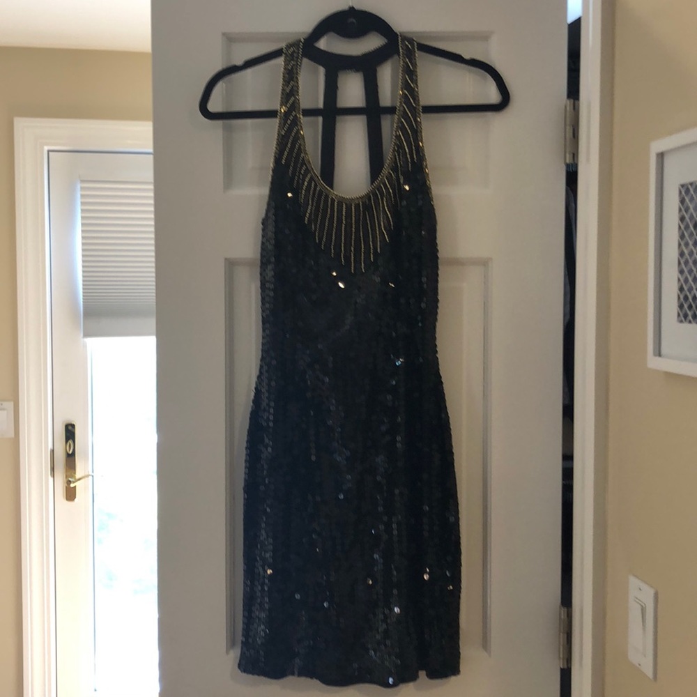Cache black and gold sequin dress